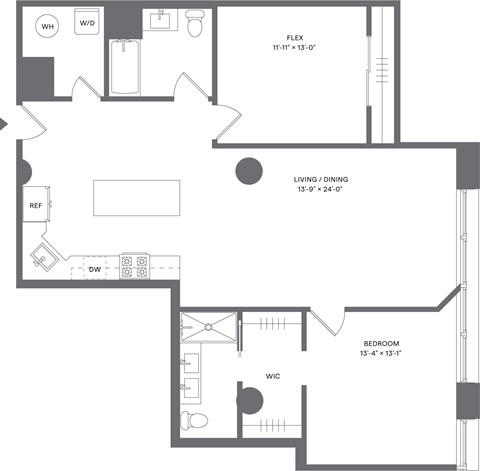 Floor plan for 1 bed, 2 baths, 1261 sqft